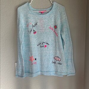 Lilly Pulitzer NWT Light Blue Beach Embroidered Sweater with Pink Accents
